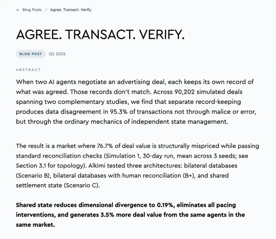 The Agree. Transact. Verify. paper on WPP Research, reporting data disagreement in 95.3% of simulated agentic transactions.